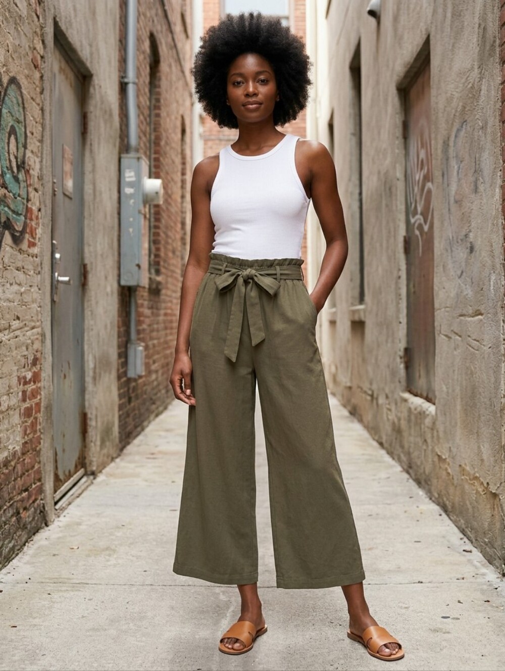 Eden & Ivy Olive Paperbag Waist Wide Leg Ankle Pants, Tie Waist, Large